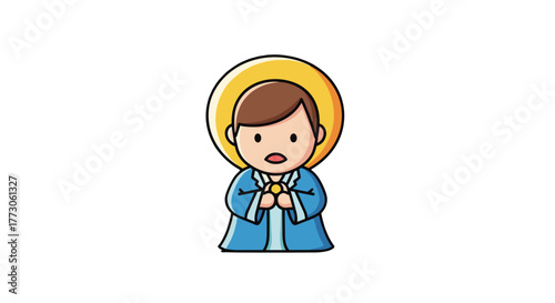 Illustration of a boy dressed in a blue robe with a golden halo above his head on a transparente background.