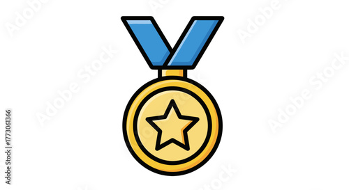 A vibrant gold medal with a centered star and a blue ribbon, symbolizes achievements and success in competitions.