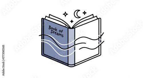 A whimsical 'Book of Dreams' illustration, featuring an opened book with stars and a moon, set against a transparente background.