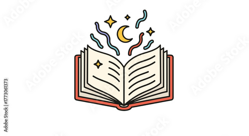 Open book with celestial elements floating above it, symbolizing imagination and the magic that can be found within pages.