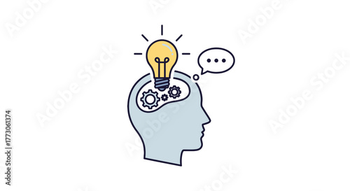 Stylized human head with lightbulb and gears representing creativity, innovation, ideas, and the power of the mind. 
