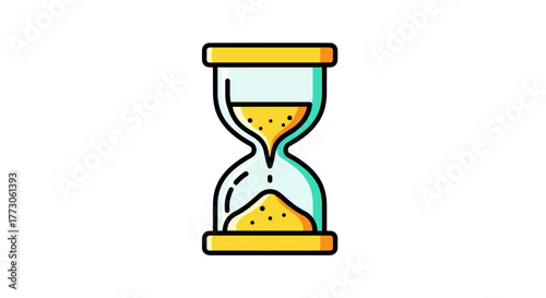 Classic hourglass featuring fine grains of sand trickling down, symbolizing time's passage against a stark transparente background.