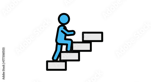 A symbolic blue figure is actively climbing a series of white steps, set against a solid transparente background. 