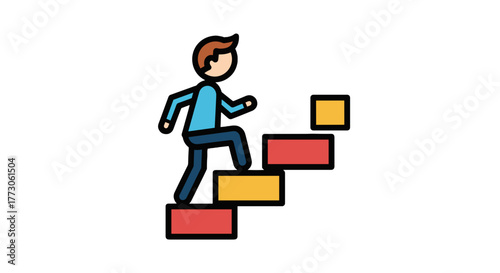 A figure is seen climbing stairs, symbolizing progress and steps to success. The ascent represents ambition.
