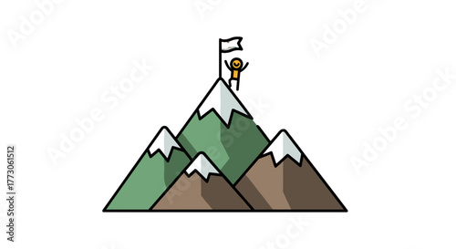 Illustration of a person standing on top of a mountain with a flag to symbolize achievement and overcoming challenges.