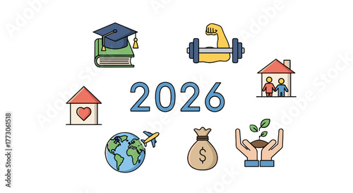 Aspirational icons depict goals for the year 2026, showing growth, health, wealth, travel, home, and family bliss.