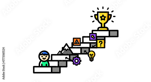 Illustrated journey towards a golden trophy, symbolizing goals, achievements, and the steps to attain success.