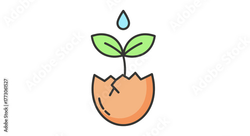 Eggshell gives birth to a green sprout watered by a single drop, a cycle of growth and fresh beginnings.