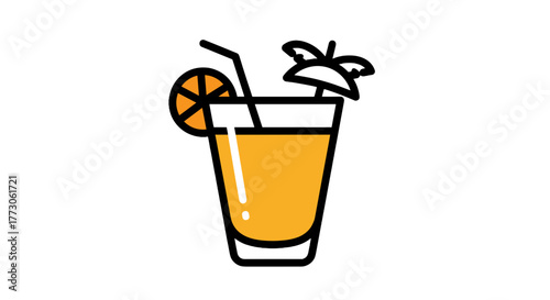 Here's a refreshing tropical drink with a straw, citrus slice, and mini umbrella, perfect for hot summer days.