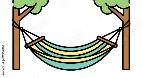 A hammock hangs between two trees, creating a peaceful and relaxing outdoor space for rest and leisure.