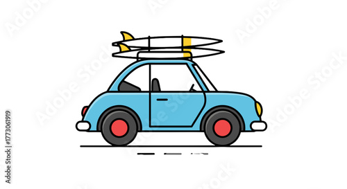 Whimsical illustration of a blue vintage car, surfboard rack, and surfboards, set against a transparente background.