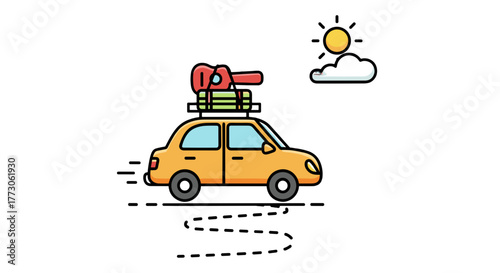 A cheerful, stylized yellow car drives under a sunny sky, complete with a guitar and luggage rack on its roof.