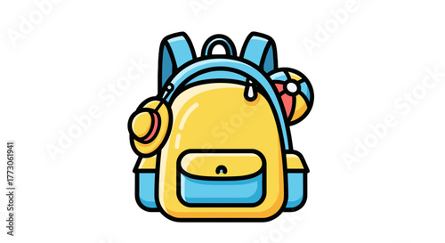 A colorful illustration of a backpack, packed with beach essentials like a hat and a beach ball, ready for a vacation.