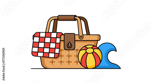 A picnic basket, complete with a checkered blanket, a beach ball, and a playful wave, signals carefree summer days ahead.
