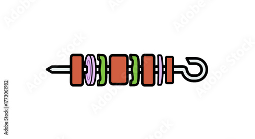 Minimalist vector illustration of a kebab skewer featuring meat, onions, and peppers against a solid transparente background.