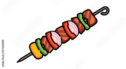 A colorful kebab skewer featuring beef, red onion, and green and yellow bell pepper, cooked to perfection on the grill.