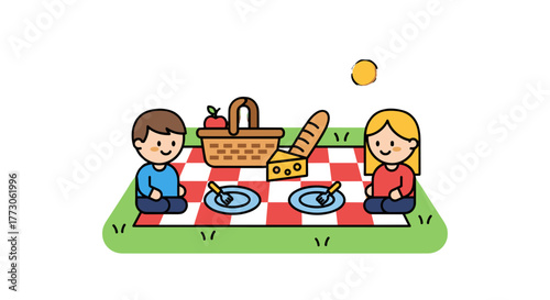 A delightful cartoon depiction shows two people having a picnic with a basket of food and a red and white checkered blanket.