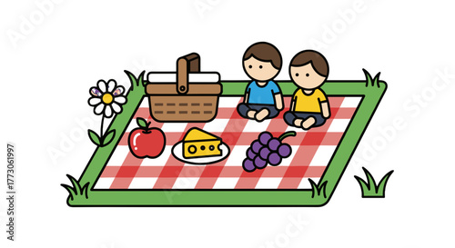 Two cartoon children enjoying a picnic with apple, cheese, and grapes on a red and white checkered blanket on grass.
