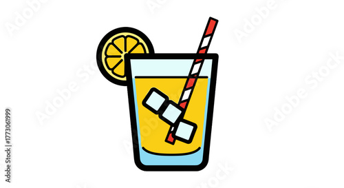 A cartoon illustration of a refreshing citrus drink with ice cubes and a striped straw against a transparente background.
