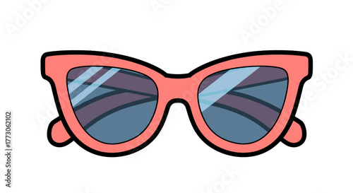 A pair of peach-colored sunglasses with a trendy cat-eye shape and reflective blue lenses are isolated on black.