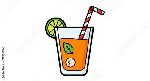 Invigorating citrus drink with a refreshing mint leaf in a clear glass and straw against a transparente background.