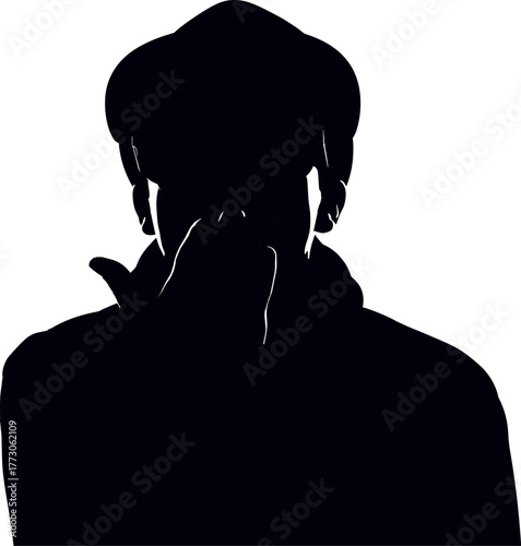 Intriguing black silhouette of an individual, captured in a moment of thoughtful gesture, evoking anonymity, introspection, and hidden emotions