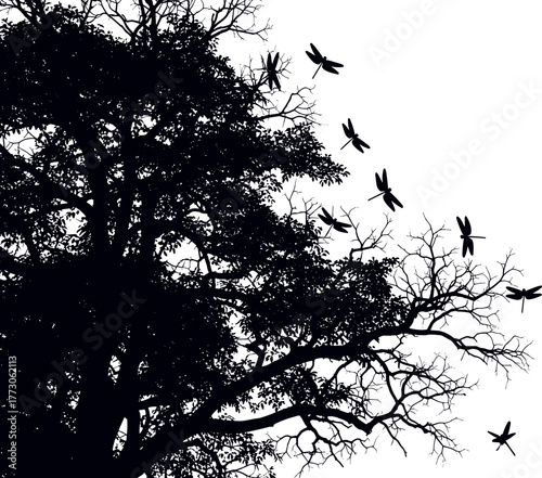 Silhouette of a tree with dragonflies flying away, a minimalist monochrome illustration design