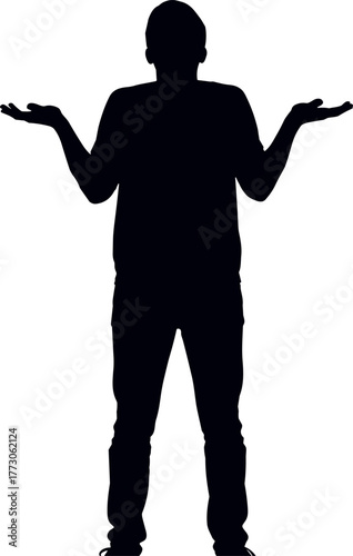 Silhouette of a confused or uncertain person with hands raised in a shrug gesture, representing a question or lack of knowledge