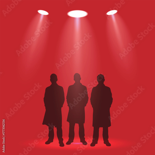 Shadow figures in lab coats stand under spotlights on a red background