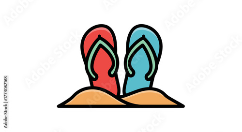 Beach-ready! Enjoy the sun, sand, and surf with vibrant red and blue flip-flops nestled in warm, golden sand.