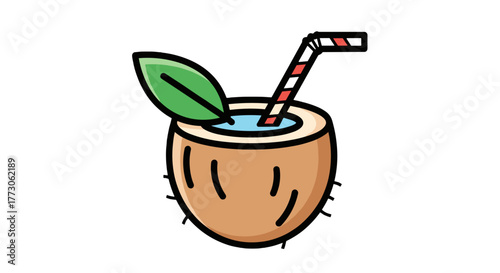 Tropical bliss in a glass! Coconut drink with a straw, garnished with a fresh green leaf for that island vibe.