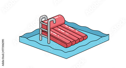 A red floating raft is next to a metal pool ladder. It's time to relax and soak up the sun. Dive into summer fun!