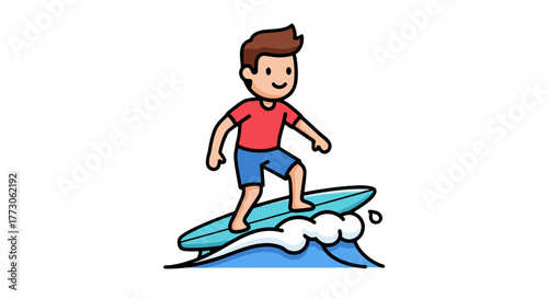 A cartoon surfer with brown hair riding a light blue surfboard on a blue wave, enjoying a sunny day at the beach.