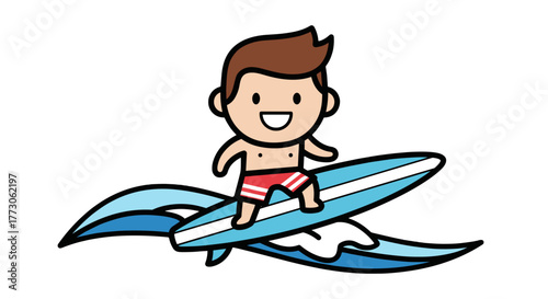 An animated surfer is riding the waves on a surfboard; it is a scene of summer, leisure and fun on the water.