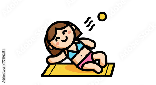 A cartoon woman relaxes on a yellow towel under the sunshine, wearing a blue and pink bikini on a transparente background.