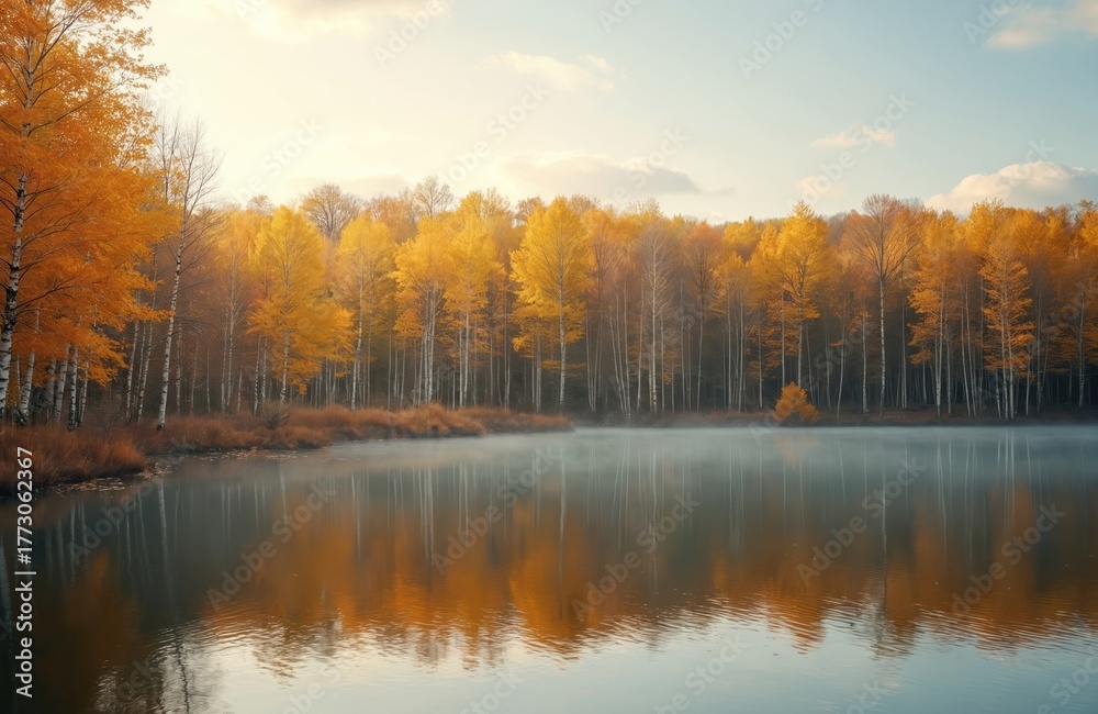 Obraz premium Peaceful lake reflects golden autumn forest trees on foggy morning. Serene nature landscape with vibrant fall foliage and calm water surface, bright sky.
