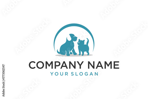Pet Care Logo Design with Dog and Cat Silhouettes under an Arc