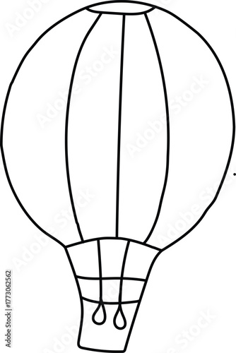 A simple line drawing of a hot air balloon with basket and rope in black and white illustration
