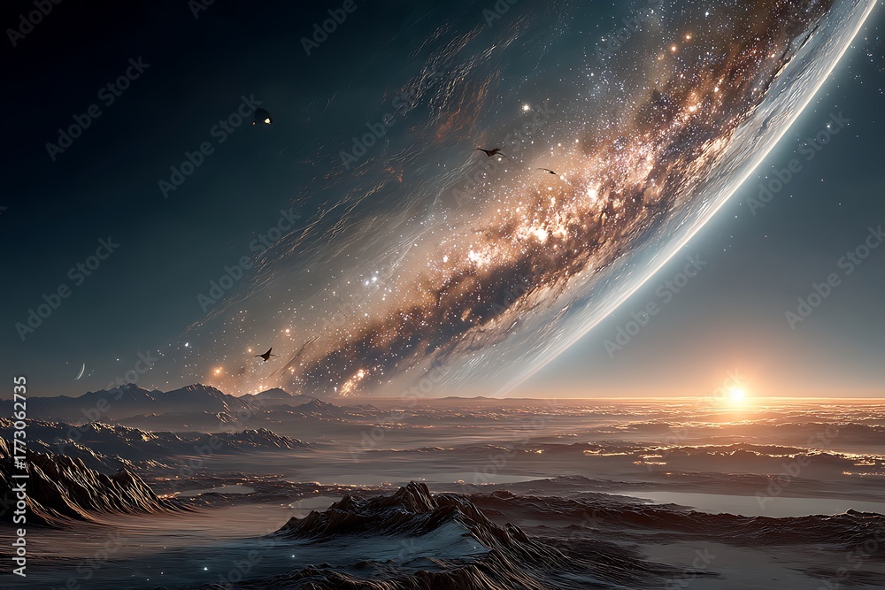 Naklejka premium Cosmic art beautiful galaxy swirling light distant celestial bodies high resolution image