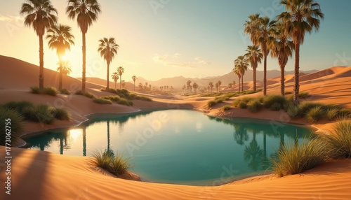 Desert oasis with palm trees and clear water. Sun sets casting long shadows over sand dunes. Rich green grass grows near tranquil blue pool reflecting sky.