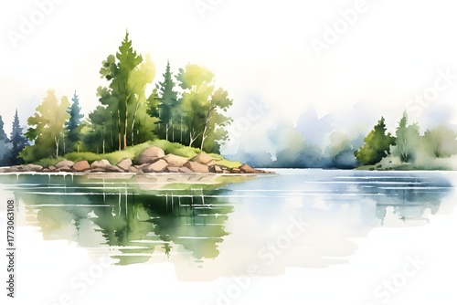 Watercolor painting of a serene island with pine trees reflected in calm water