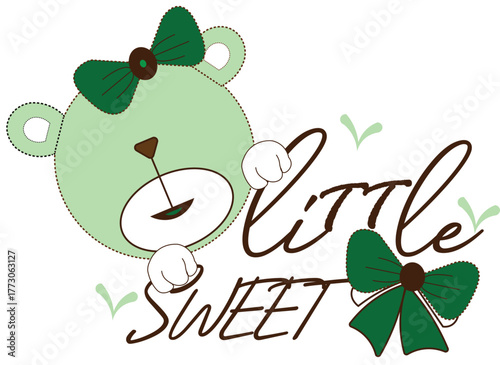 Cute mint green bear with bow and “Little Sweet” text — baby cartoon design