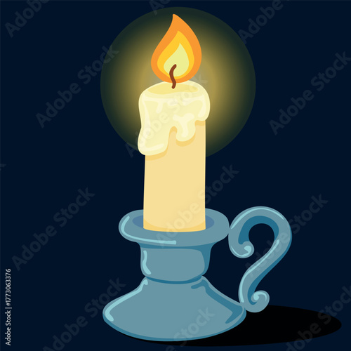 Vintage candelabra and a burning candle on a dark background. Antique candle holder, candle holder. The vector drawing is isolated. Vintage interior item.