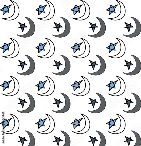 Repeating pattern of crescent moons and five pointed stars on a white background design illustration