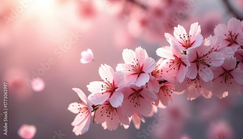 Pink sakura blossoms cascade in soft focus creating delicate spring backdrop. Watercolor style floral elements blend with abstract bokeh lights evoking elegance, beauty. Illustration offers refined