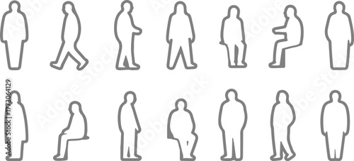 Minimal Human Figures for CAD Drawings, Vector Outline of People in Different Poses such as Sitting, Standing, and Walking for Architectural and Interior Design Plans
