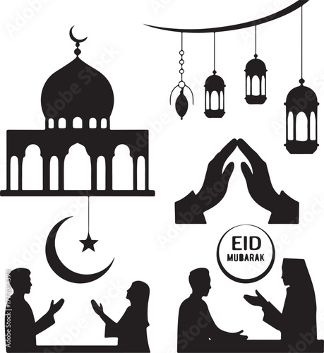 Eid mubarak silhouette icon collection for celebrations