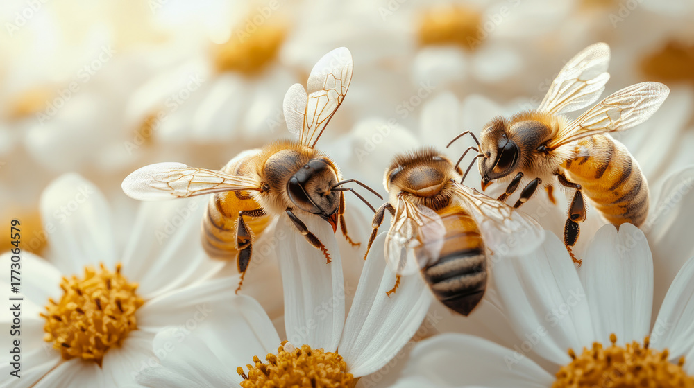 Naklejka premium Close-up of three busy honey bees with delicate wings foraging on vibrant white daisy flowers under bright, natural sunlight, highlighting intricate details of nature's smallest workers