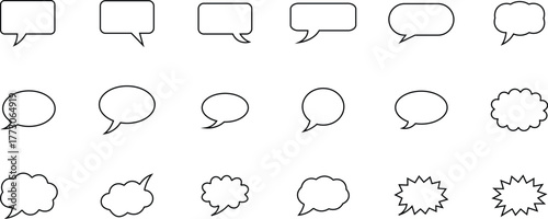 Collection of black outline speech bubbles and thought bubbles on white comic conversation