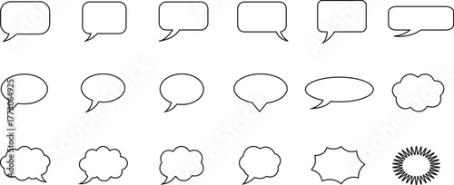 Collection of black outline speech bubbles and thought bubbles on white background talk bubble dialogue box